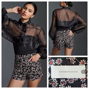 Anthropologie Colette Linen Blend Shorts Black with Daisy Print